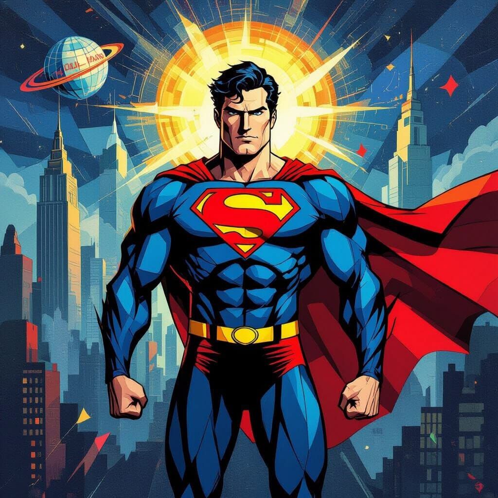 Abstract Geometric Superman in Futuristic Cityscape