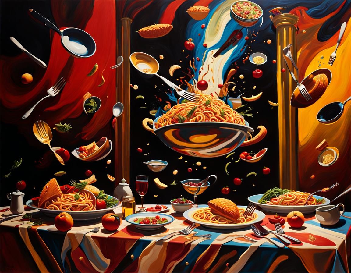 Surreal Dinner Fight in Oil Painting Style