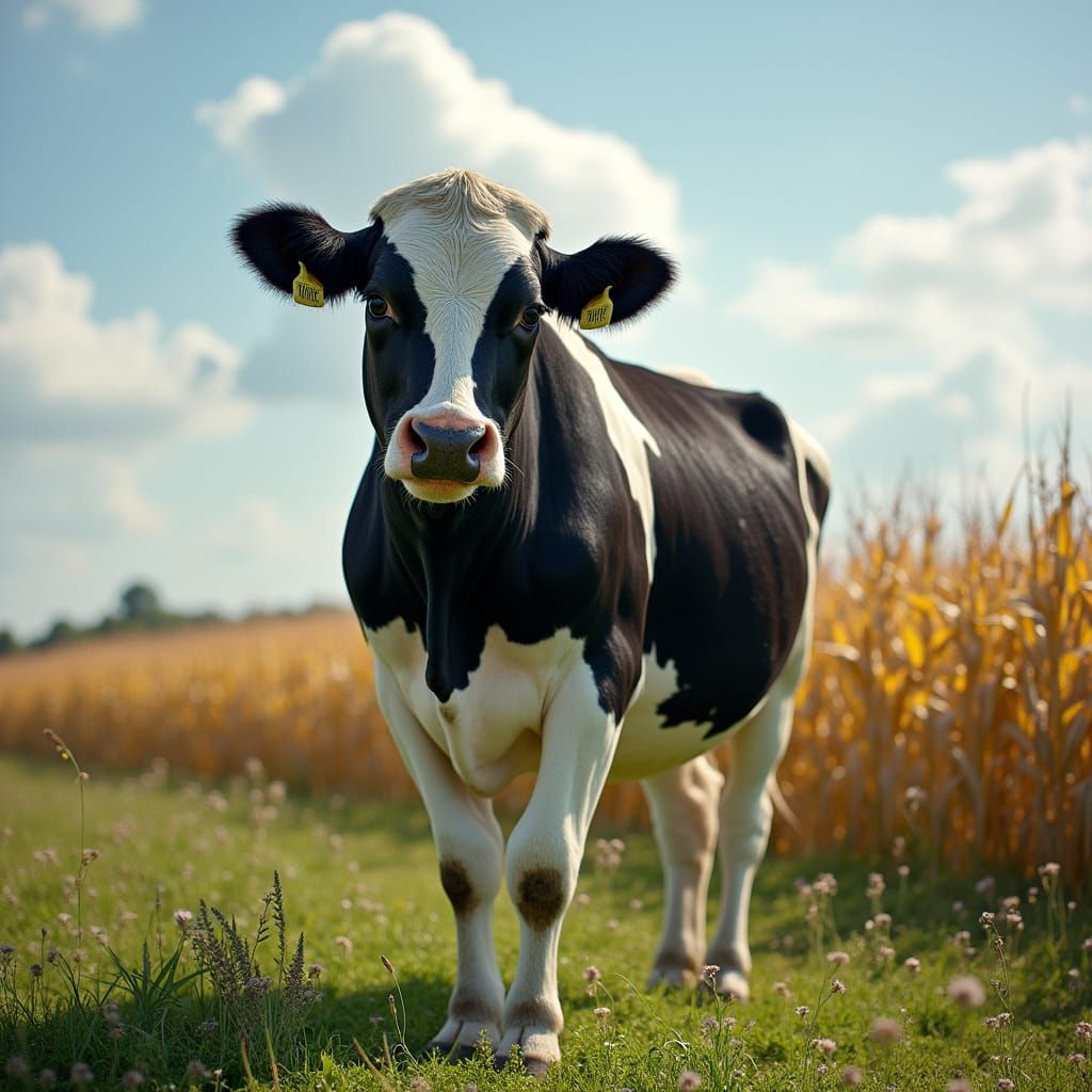 Majestic Black and White Cow in Lush Green Meadow