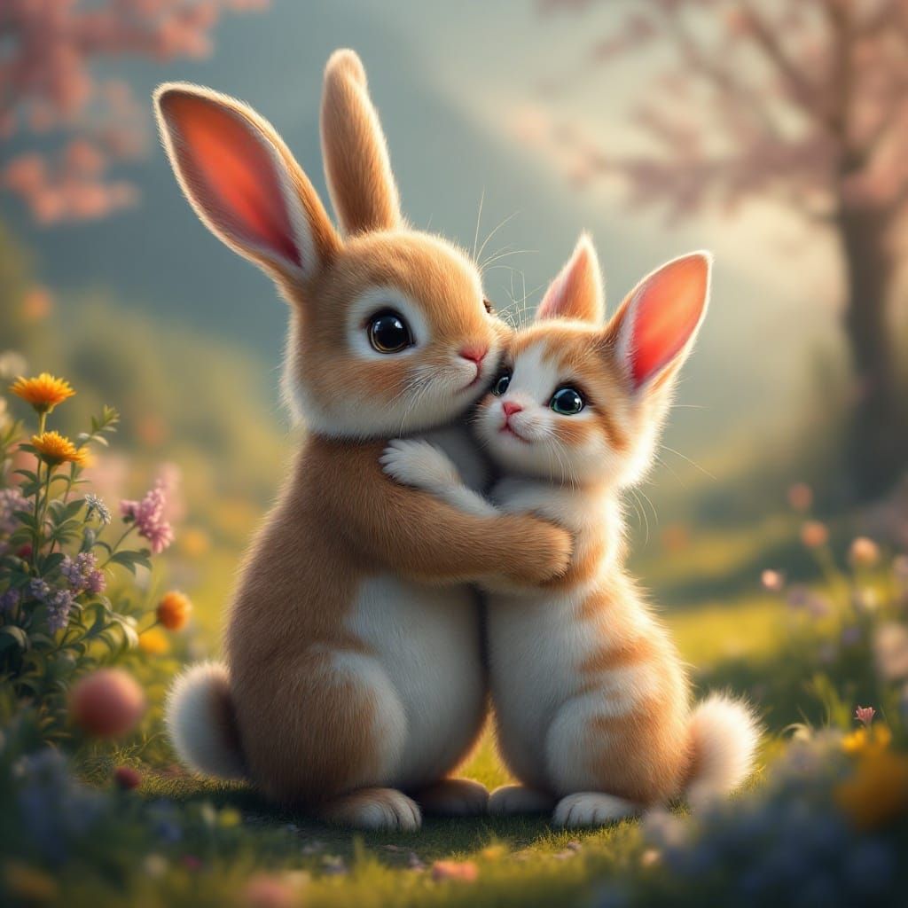Rabbit and Kitten Hugging in Countryside Landscape