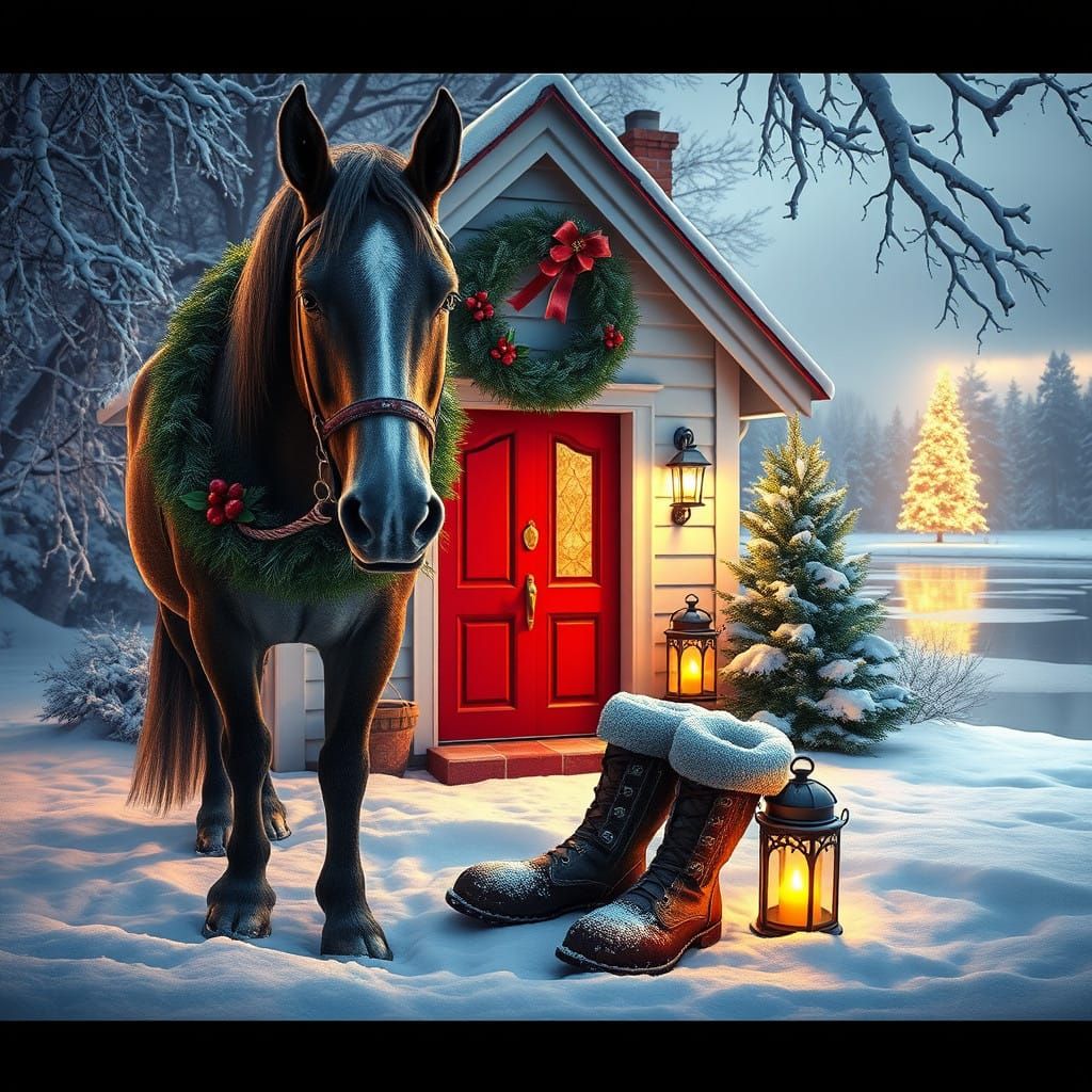 Majestic Winter Wonderland Scene with Horse and Christmas Li...