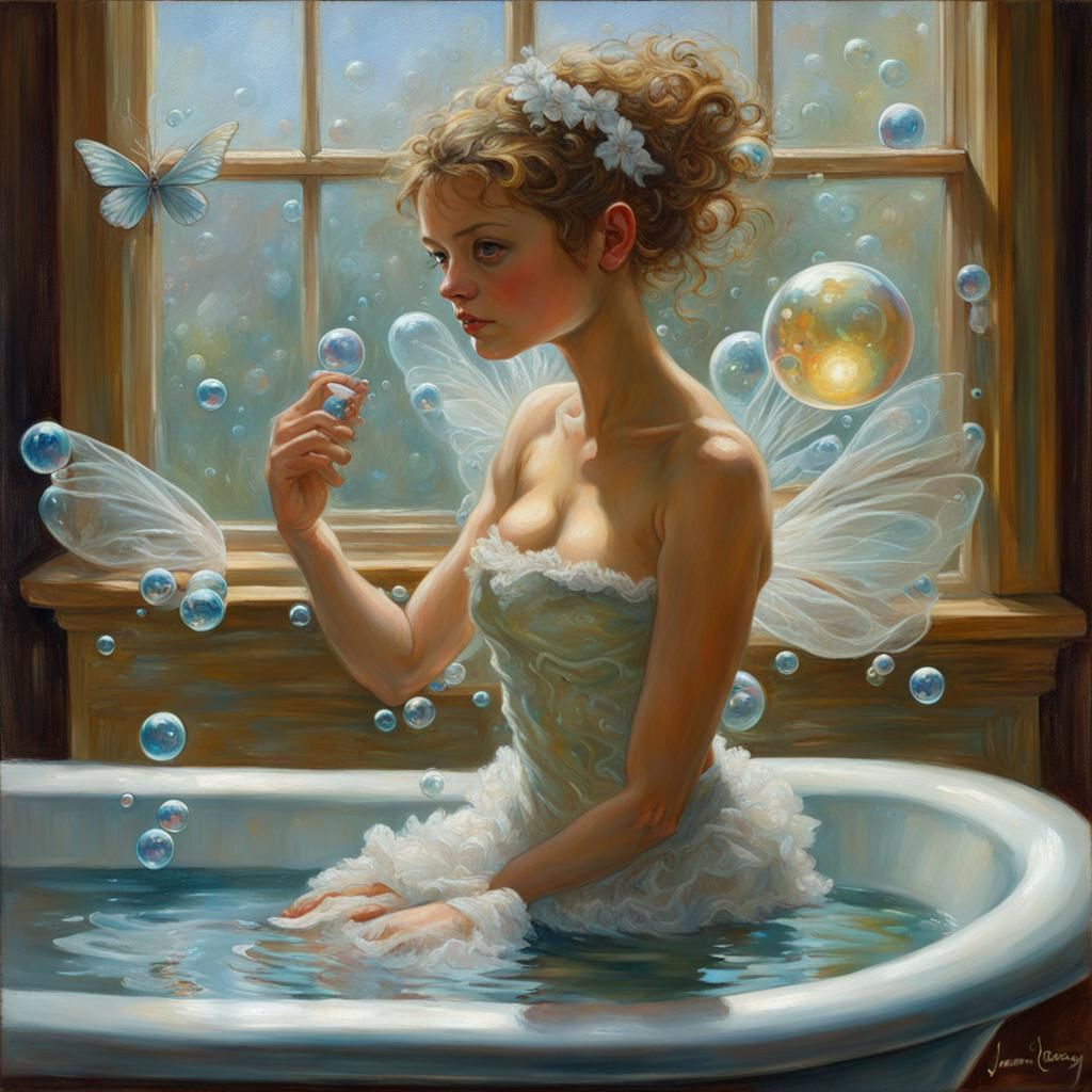 Iridescent Fairy in Bubbles, Oil Painting