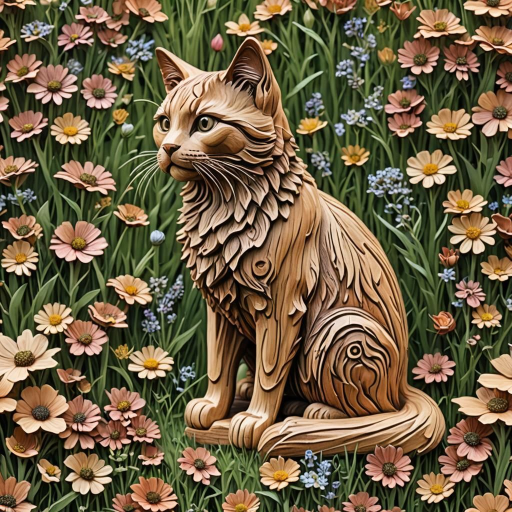 Cedar Wood Carved Cat in Flower Meadow
