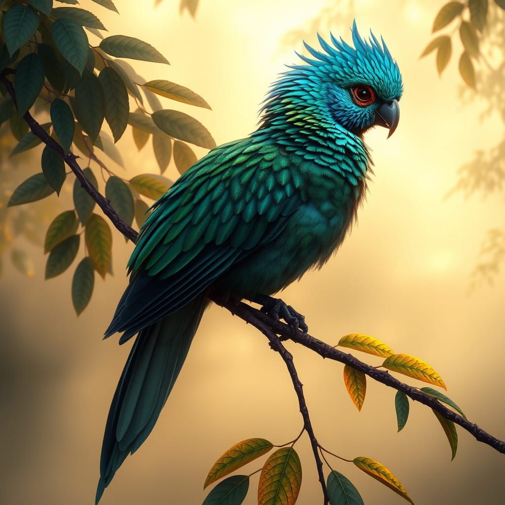 Whimsical Pyrography of a Bluish Green Quetzal in a Cloudy F...