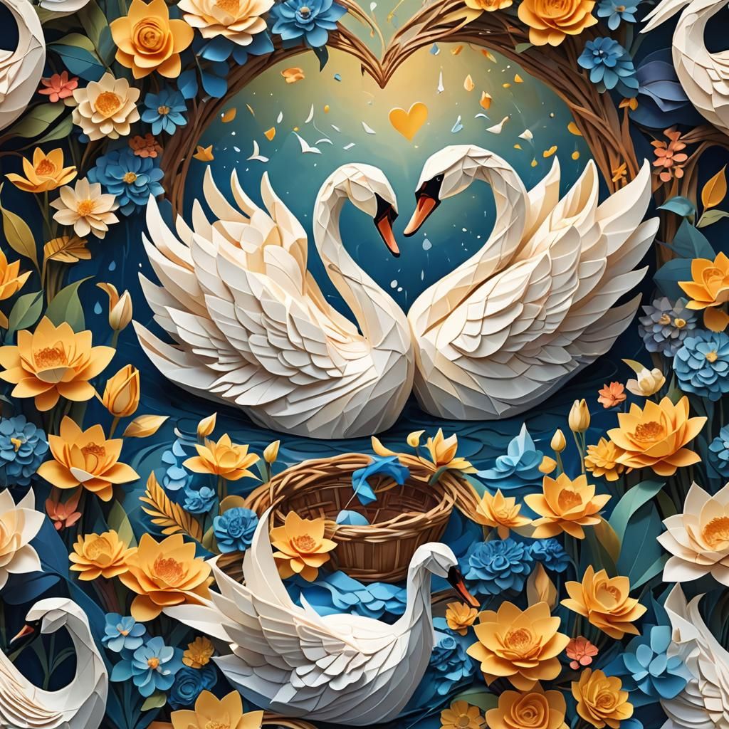 Origami Swans Form Heart Holding Flower Basket