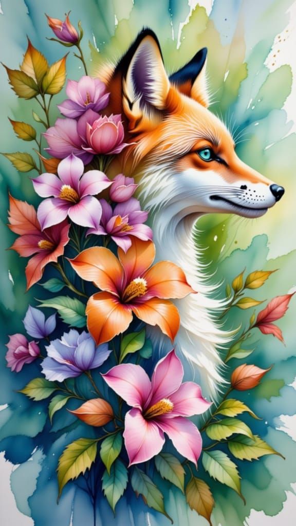 Majestic Fox Adorned with Blooming Flowers in Art Nouveau St...