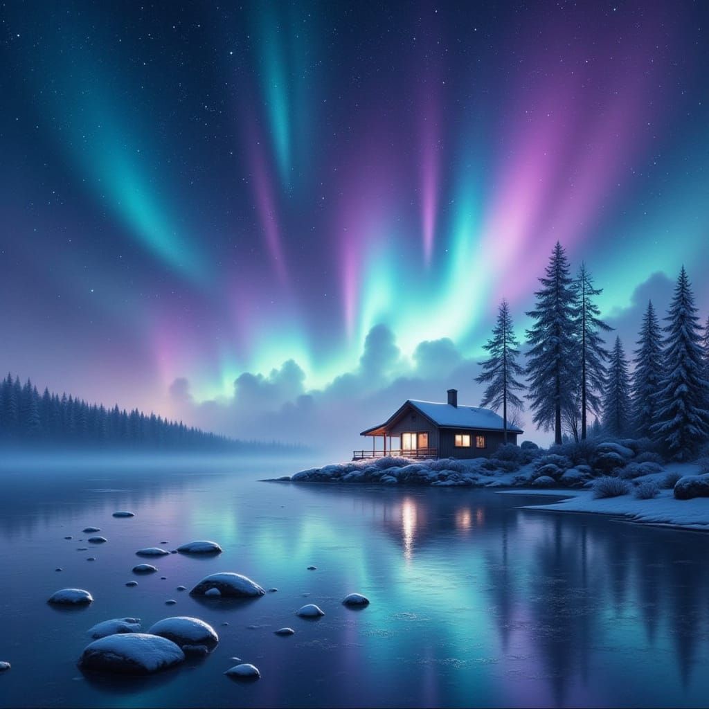 Minimalist Cabin Under Vibrant Aurora Borealis