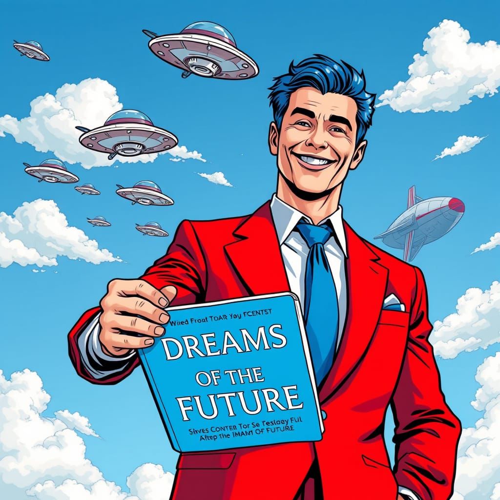 Man in Red Suit Embarks on Futuristic Journey with Flying Sa...