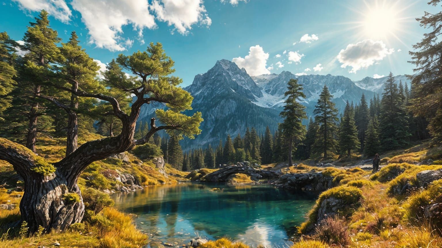 Mountain Pond with Fir Trees in Fantasy Style