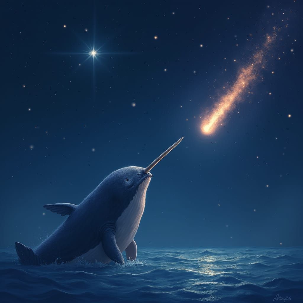 Narwhal Watches Meteor Shower Under Starry Sky