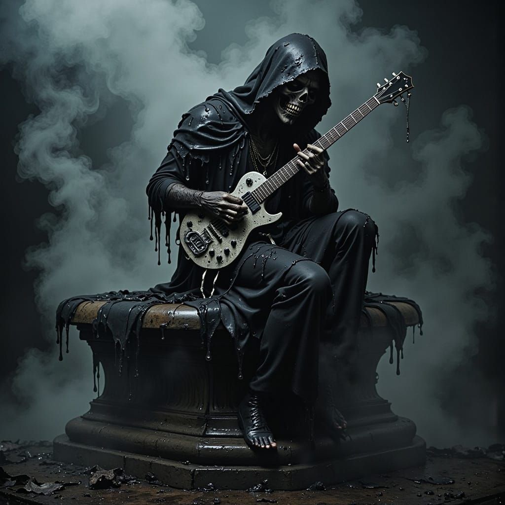 Cloaked Figure Plays Guitar in Haunting Mystical Scene