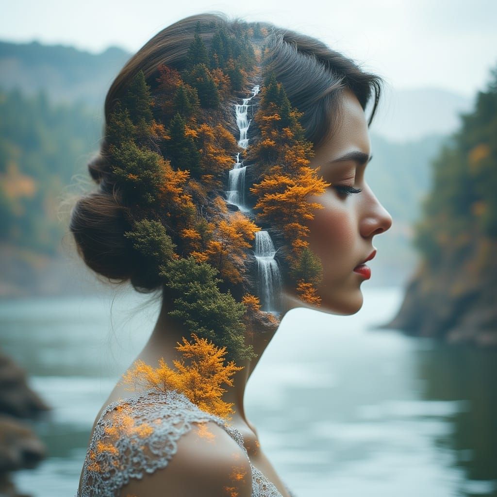 Double Exposure: Woman with Mountain Waterfall