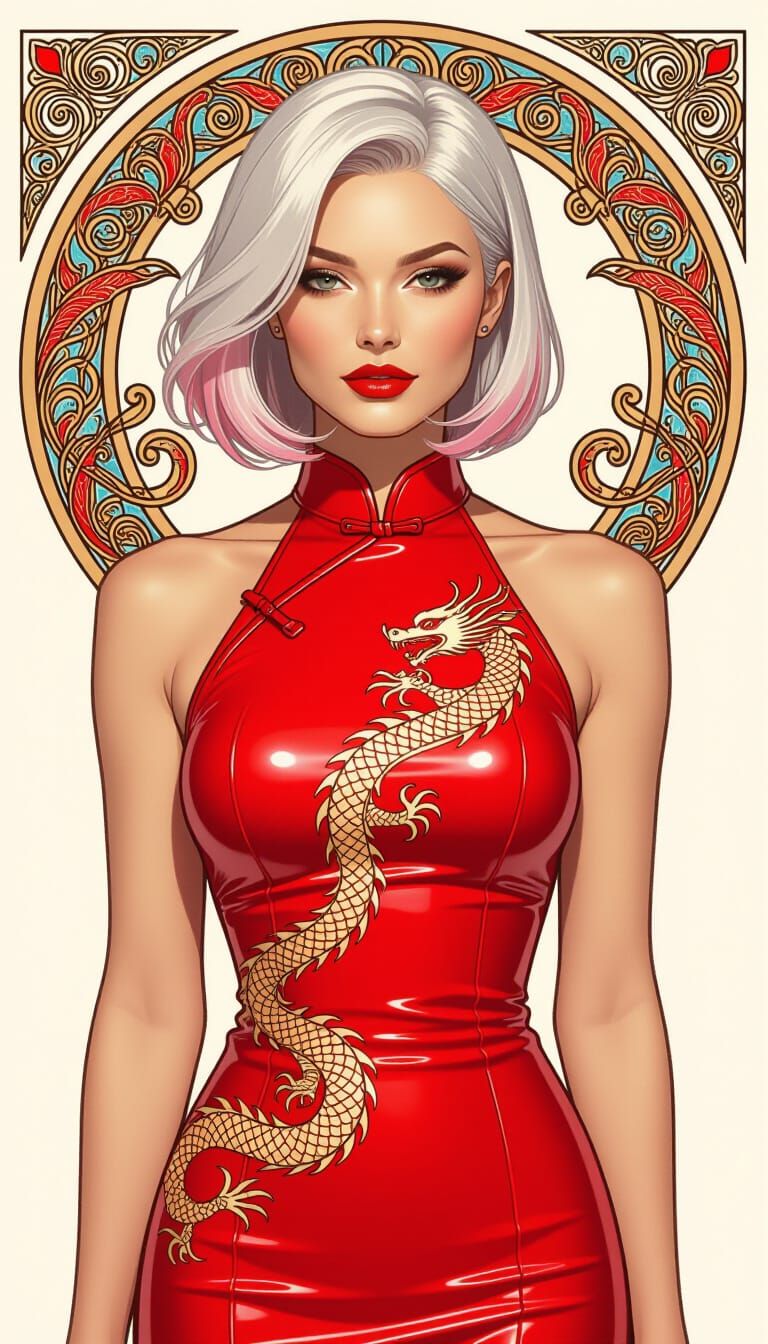 Silver-Haired Woman in Cyberpunk Art Nouveau Style