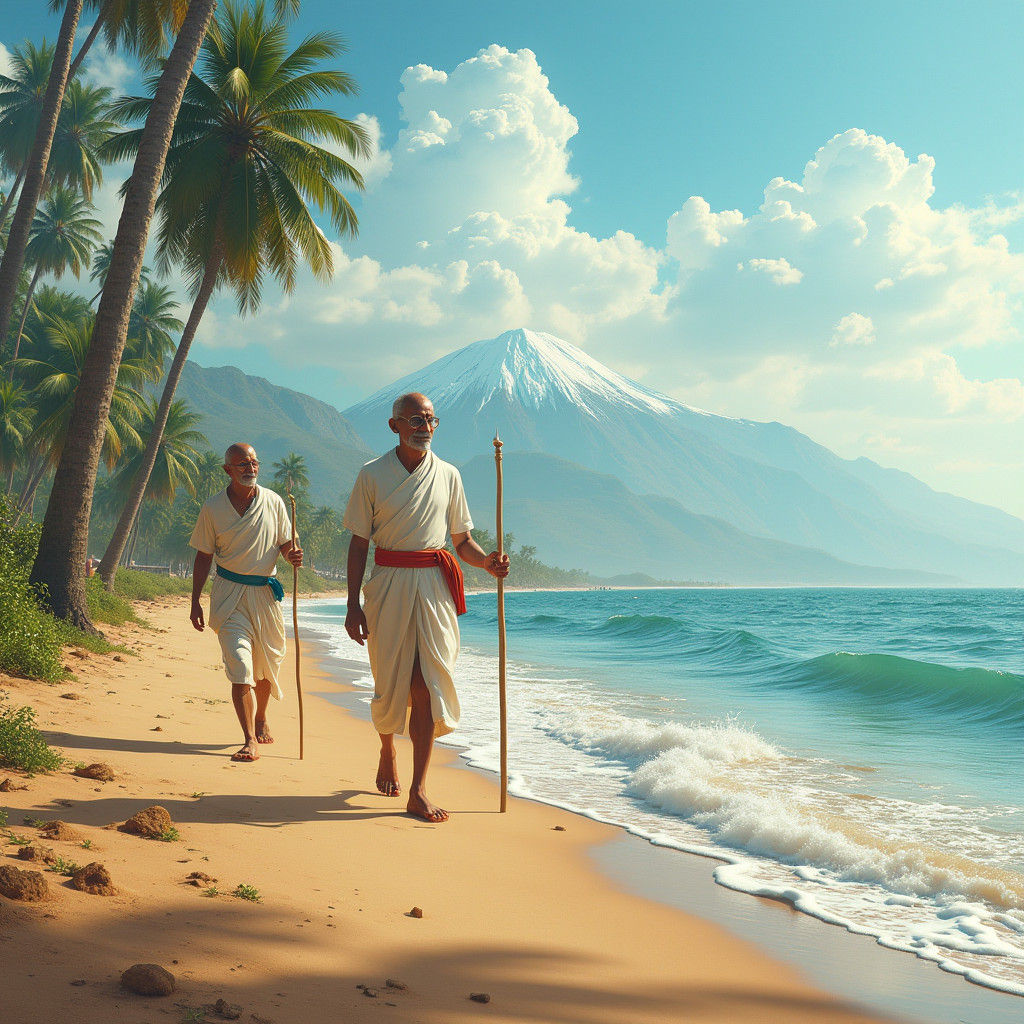 Gandhi Leads Salt March in a Fantastical Landscape