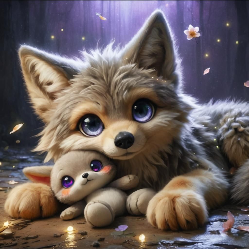 Coyote Hugging Plushie in Sakura Garden