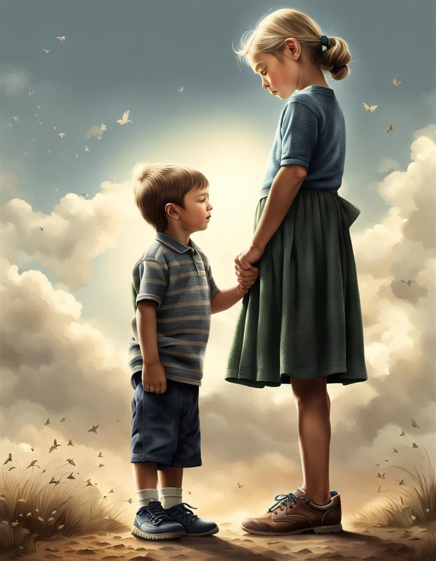 Boy Bowing to Girl: Photorealistic Side View