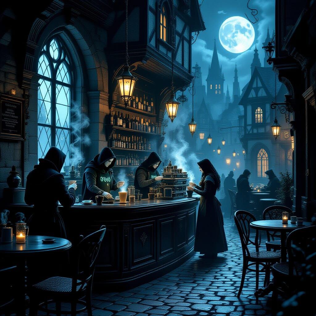 Gothic Coffeehouse with Spectral Baristas Under Moonlight