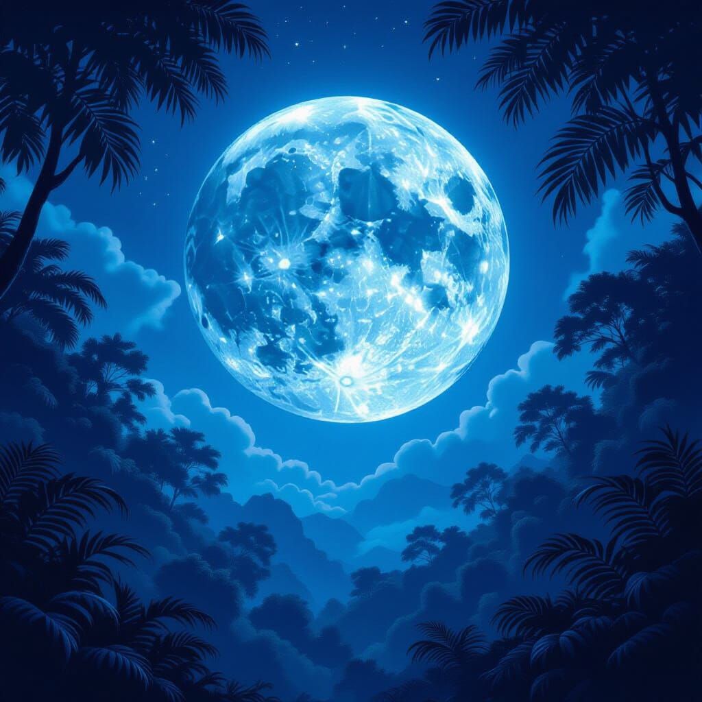 Ethereal Blue Moon Over Mysterious Jungle