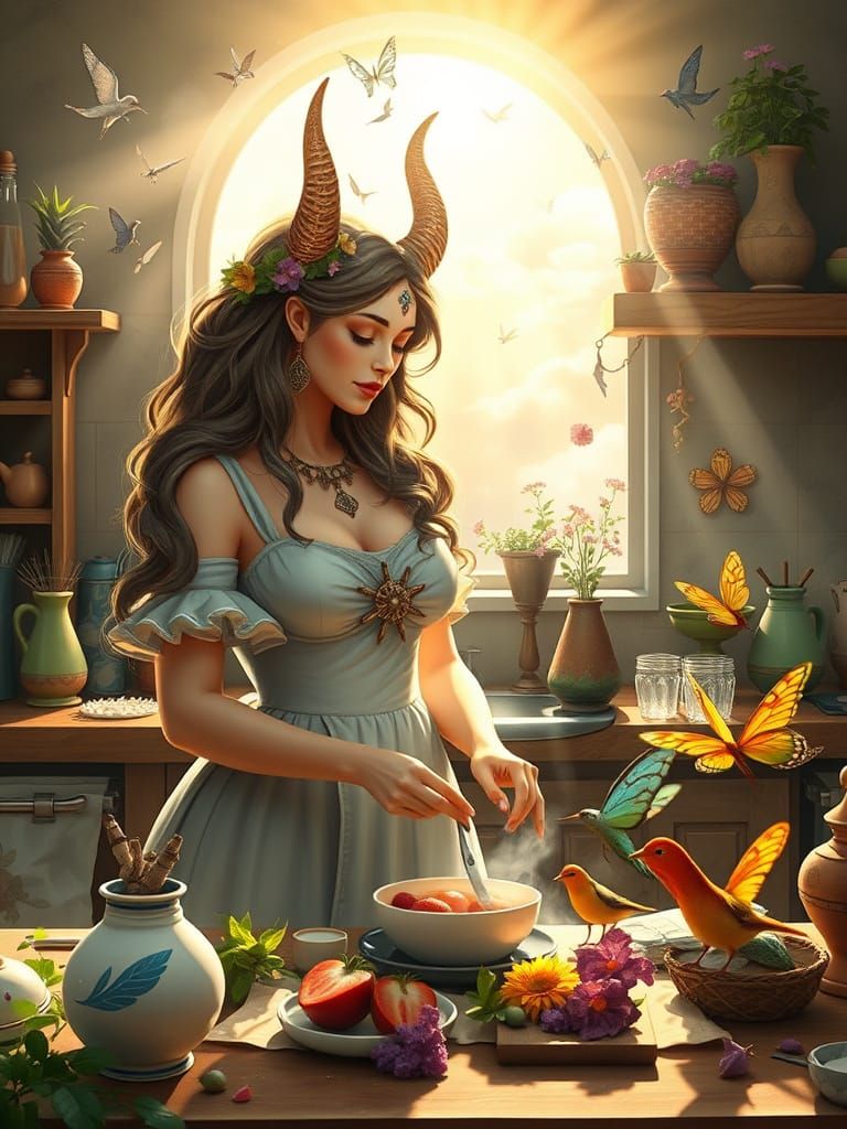 Hourglass Goddess Cooks Breakfast for Fairies