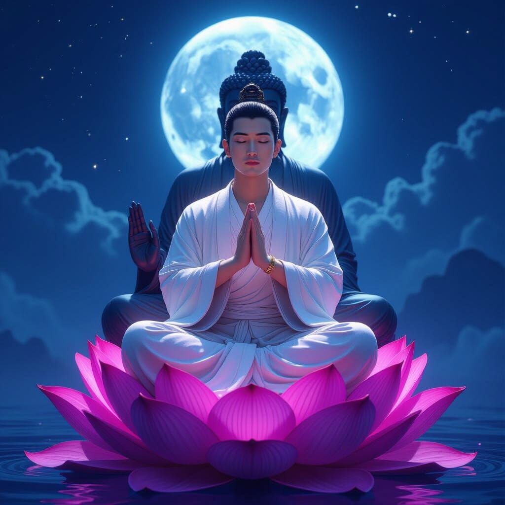 Serene Figure on Lotus with Buddha, Digital Art