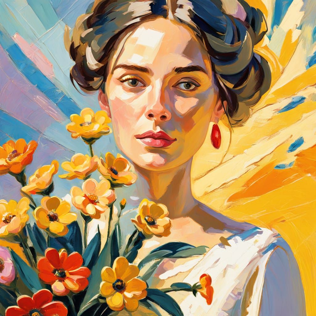 Impressionist Woman with Flowers in Gouache Style