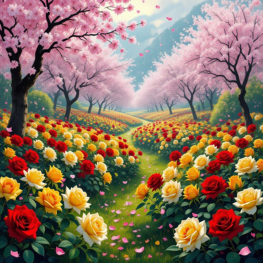 Vibrant Floral Landscape with Ethereal Mist