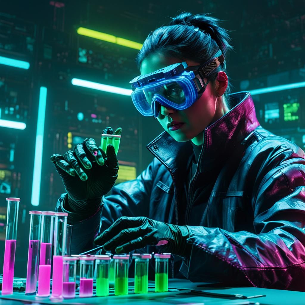 Cyberpunk Scientist Experimenting with Colorful Substances