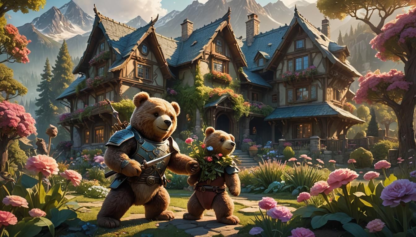 Warrior Teddy Bear in Fantasy Garden Art