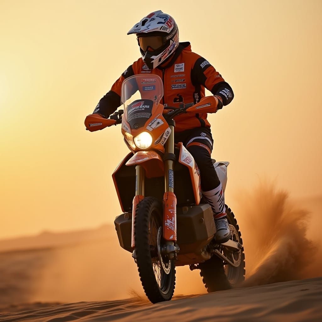 Dakar Rally Rider in Saudi Desert Sunset