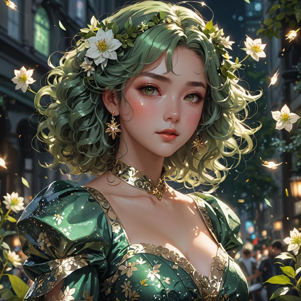 Curvy Girl in Sage Green Dress, Anime Style