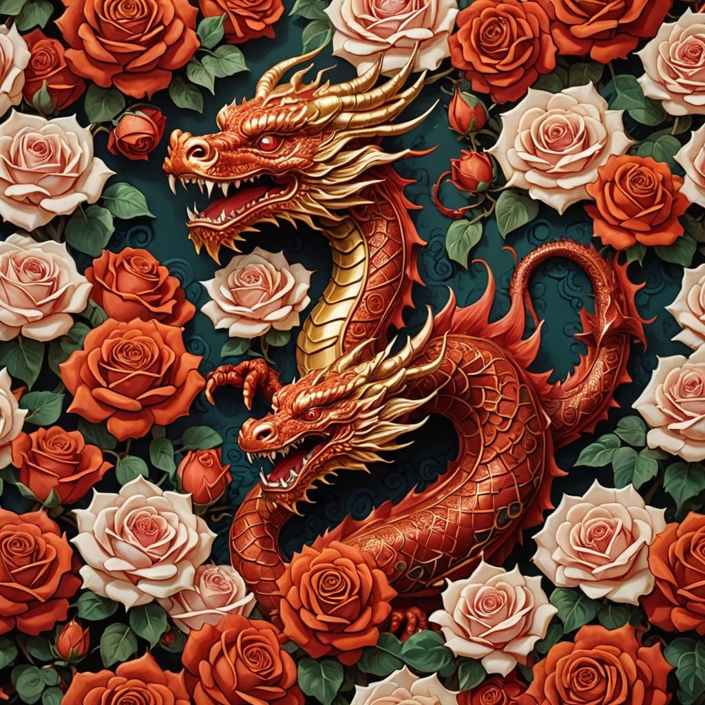 Majestic Dragon Among Roses in Chinese Splash Art