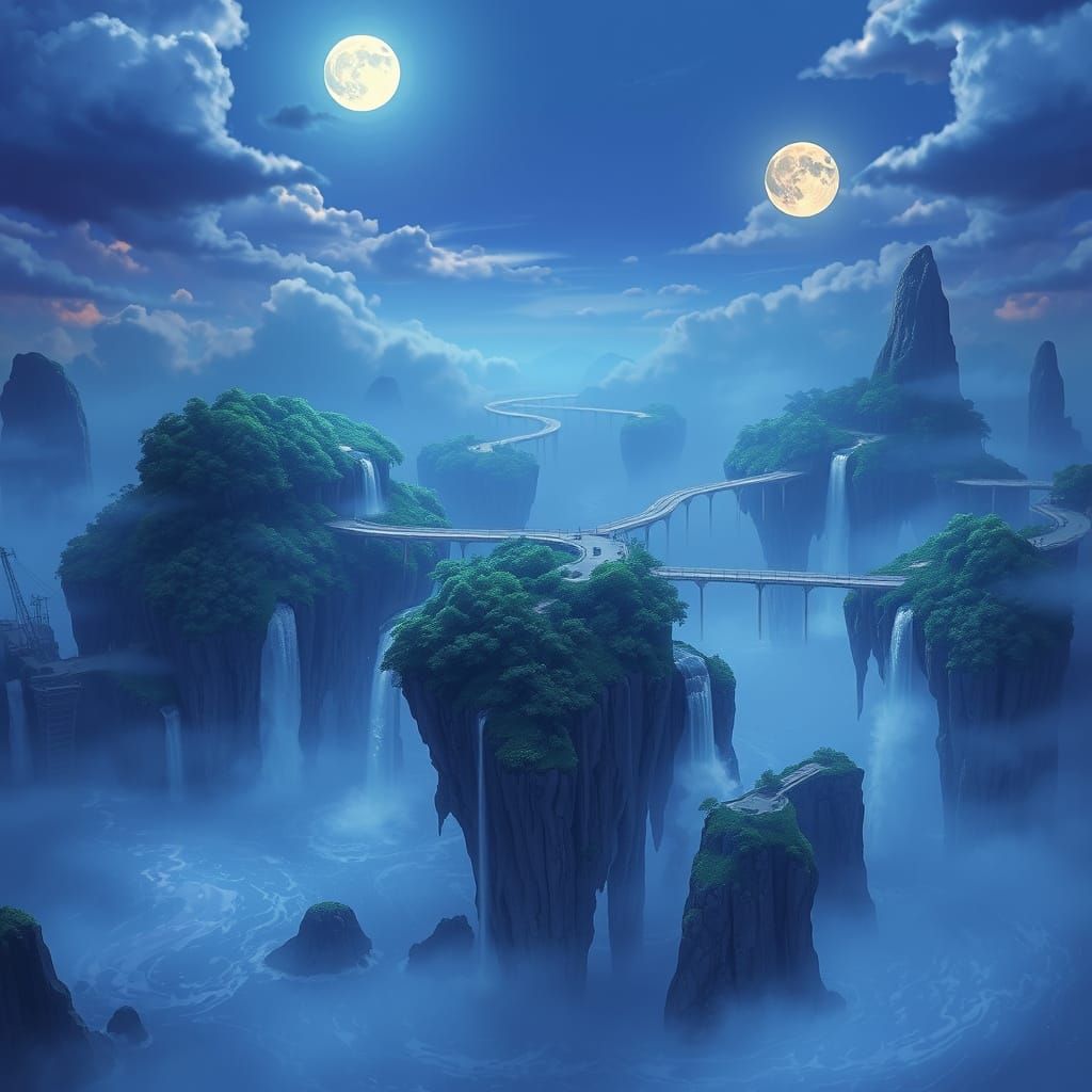 Floating Islands Under Twin Moons in Anime Style