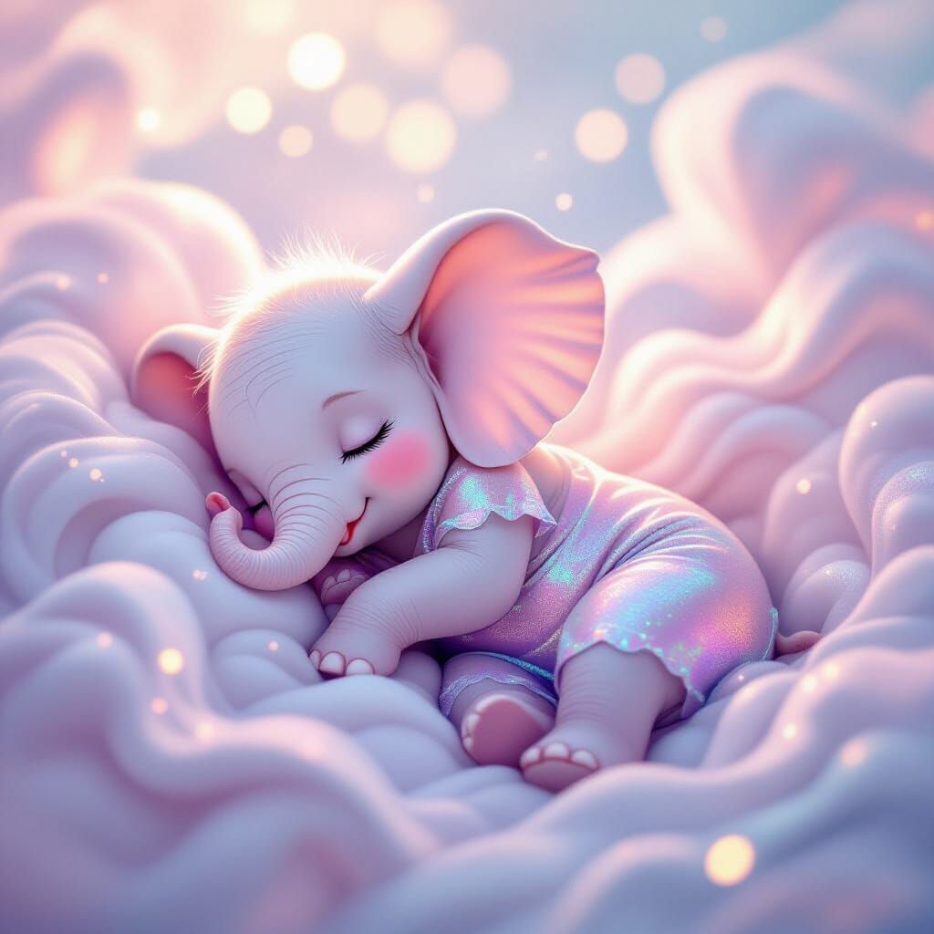 Dreamy Pink Baby Elephant Sleeping in Ethereal Mist