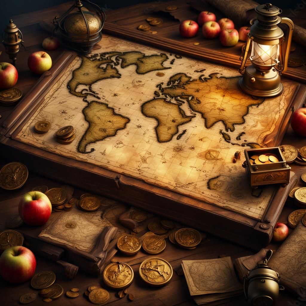 Pirate Treasure Map with Compass and Gold