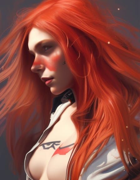 Red-Haired Girl in Leather Jacket, Hyperdetailed Portrait
