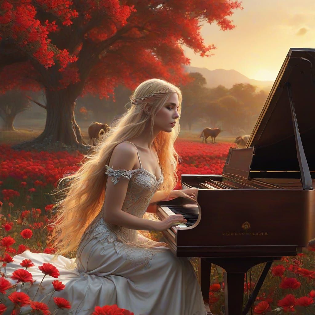 Elven Woman Plays Piano Amidst Flowers at Sunset