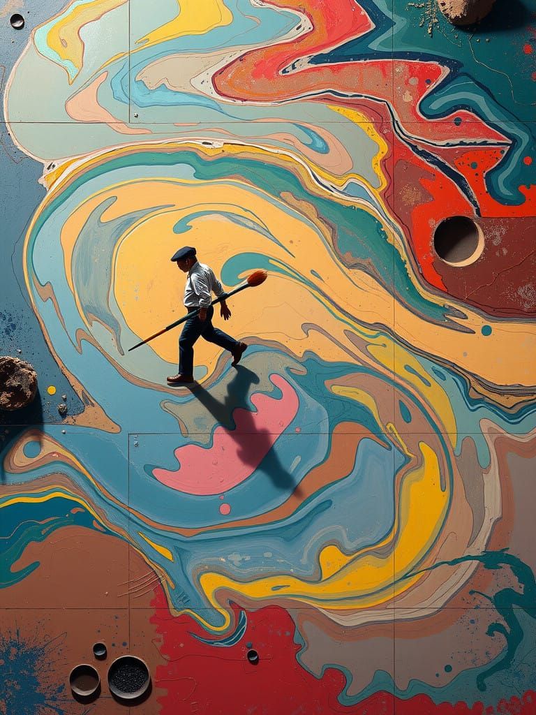 Miniature Artist Admires Vibrant, Surreal Painting Landscape