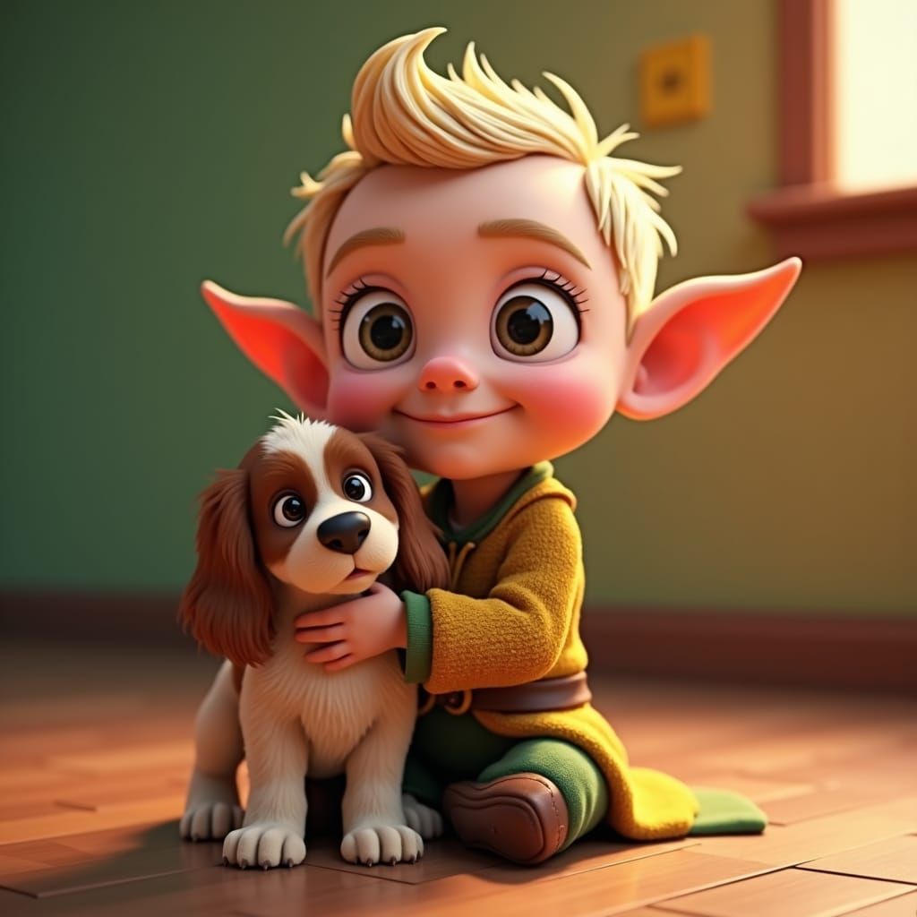 Elf and Puppy Portrait in Disney/Pixar Style