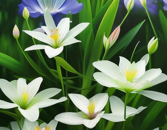 Lush Lily Flowers in Fantasy Garden, Hyperrealistic Painting