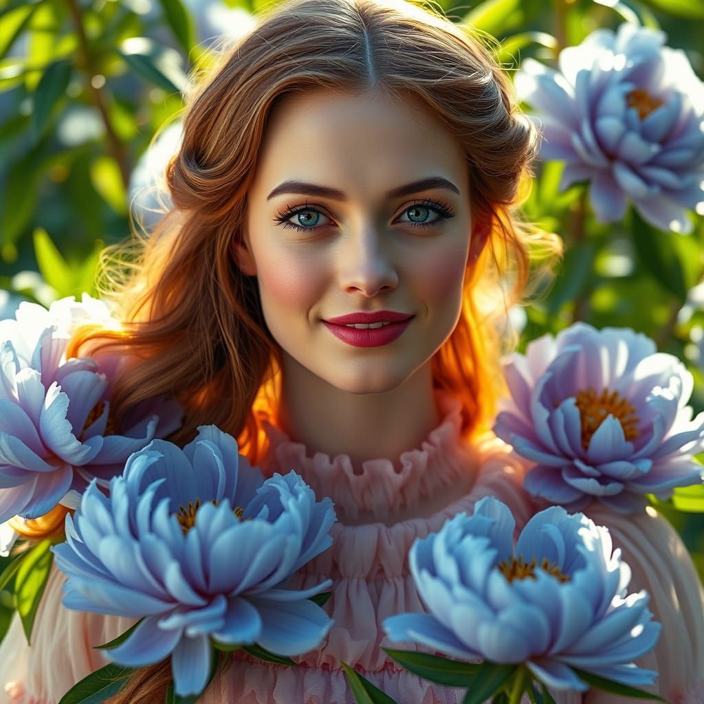 Victorian Woman Portrait with Blue Peonies in Dreamscape