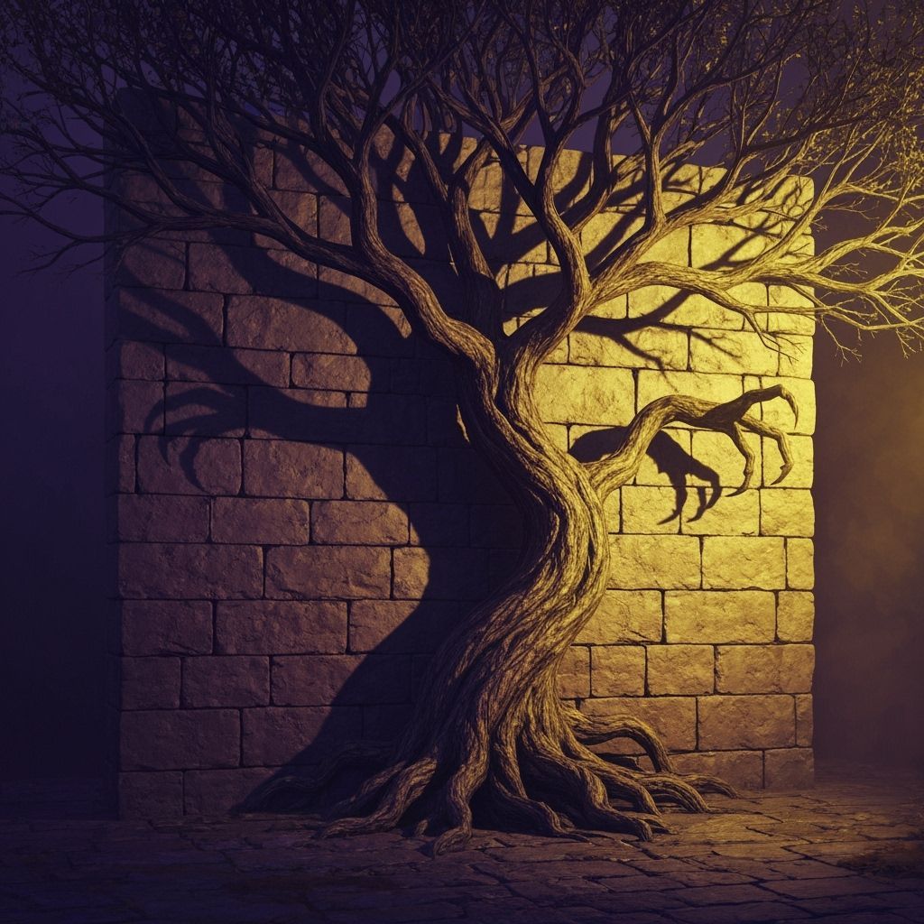 Ancient Tree's Ominous Shadow on Stone Wall Art