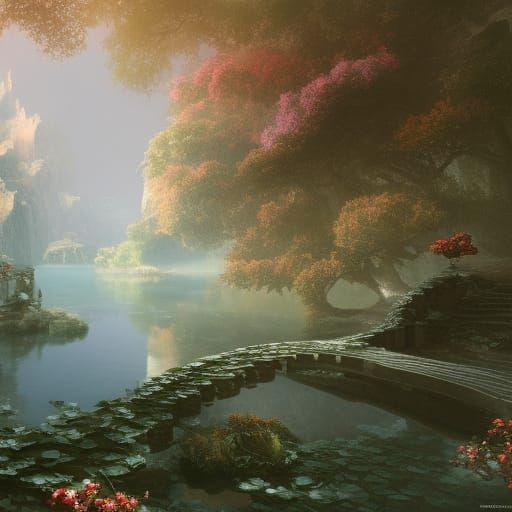 Serene Lake with Ethereal Waterfalls: Fantasy Concept Art