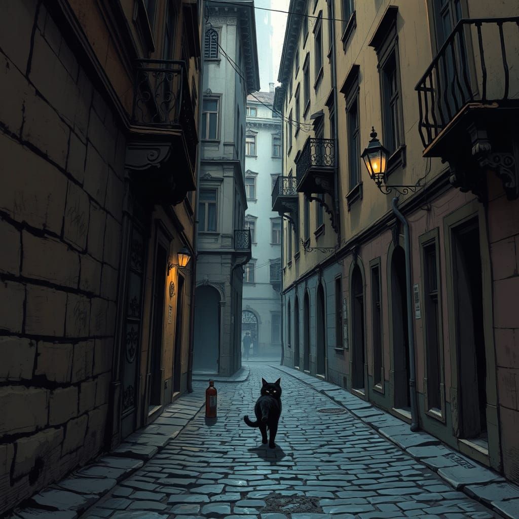 Prague Alley Cat in Dark Fantasy Comic Style