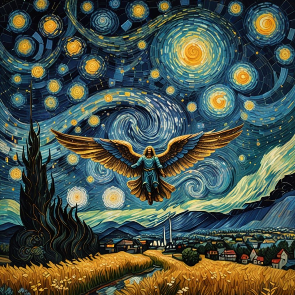 Archangel in Cosmic Holographic Starry Night Scene