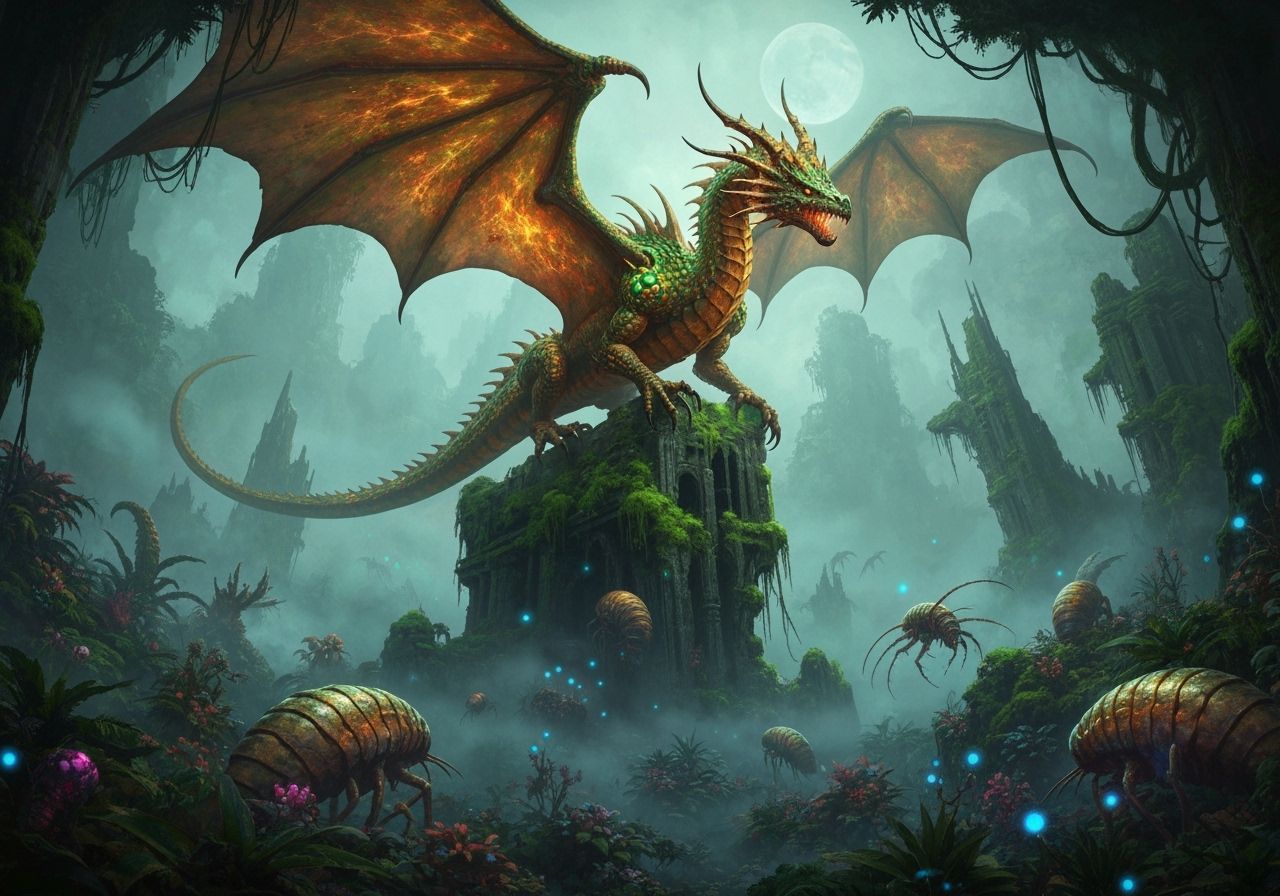 Ancient Dragon on Ruin Above Alien Jungle