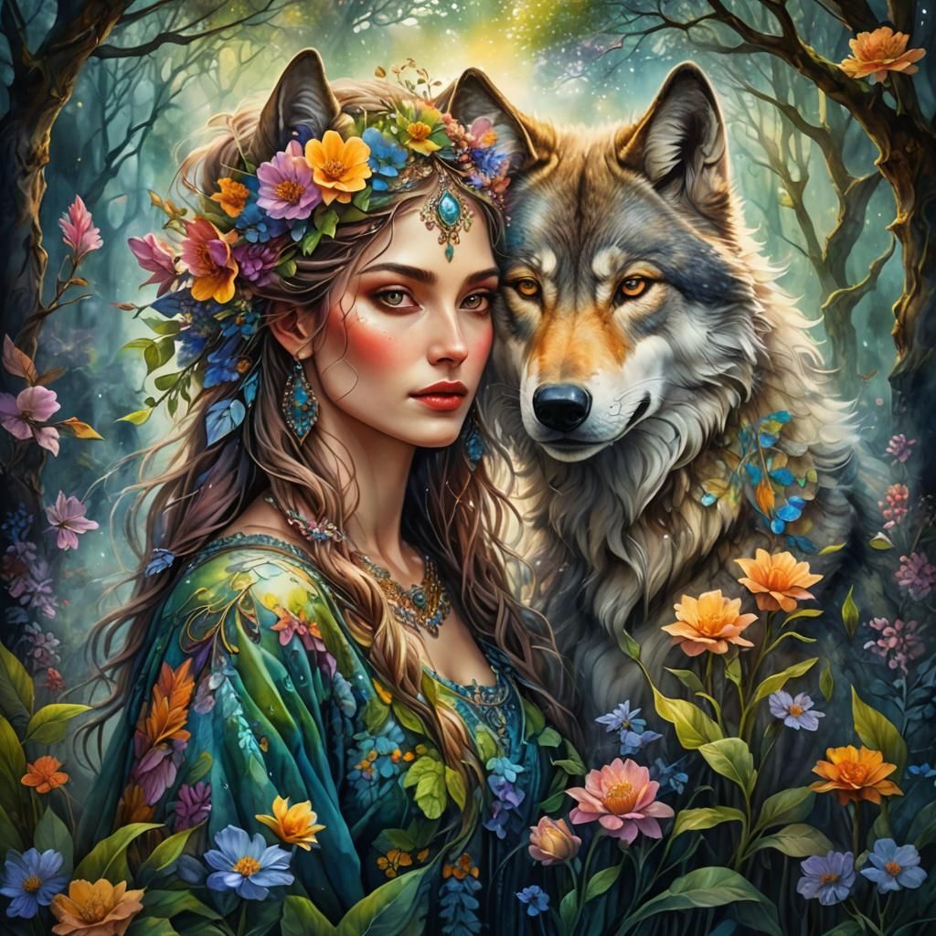 Spring Girl and Wolf Double Exposure in Watercolor Style