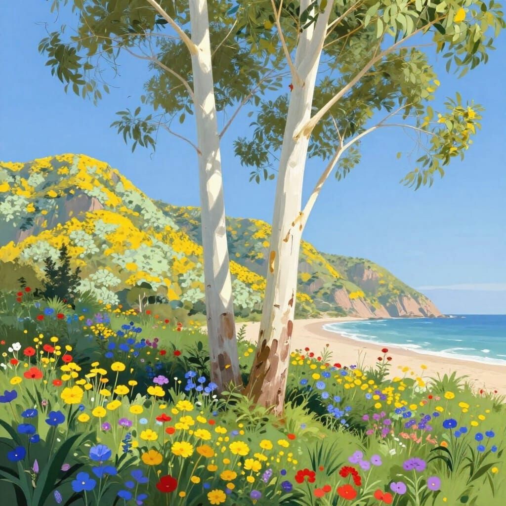 Eucalyptus Trees Before Blossoming Garden and Seashore