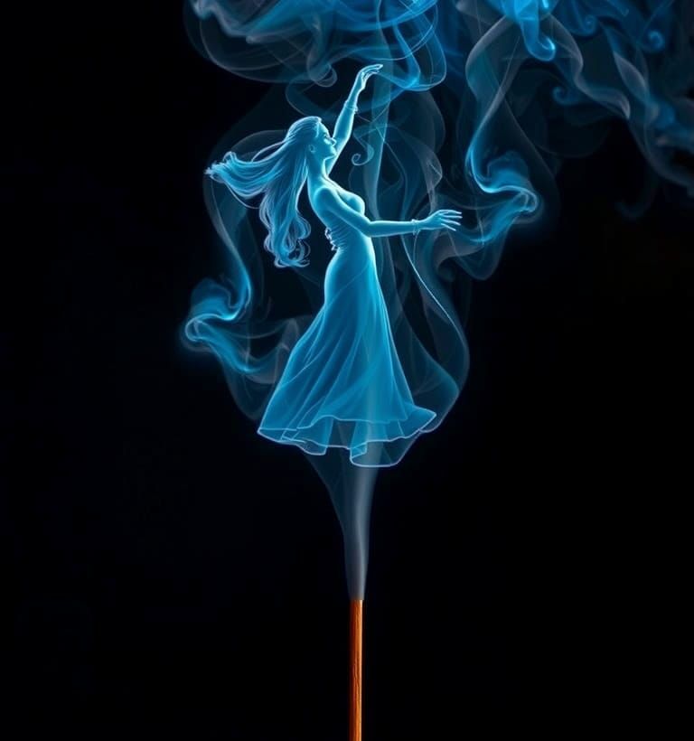 A lit incense stick against a pure black background is emitt...