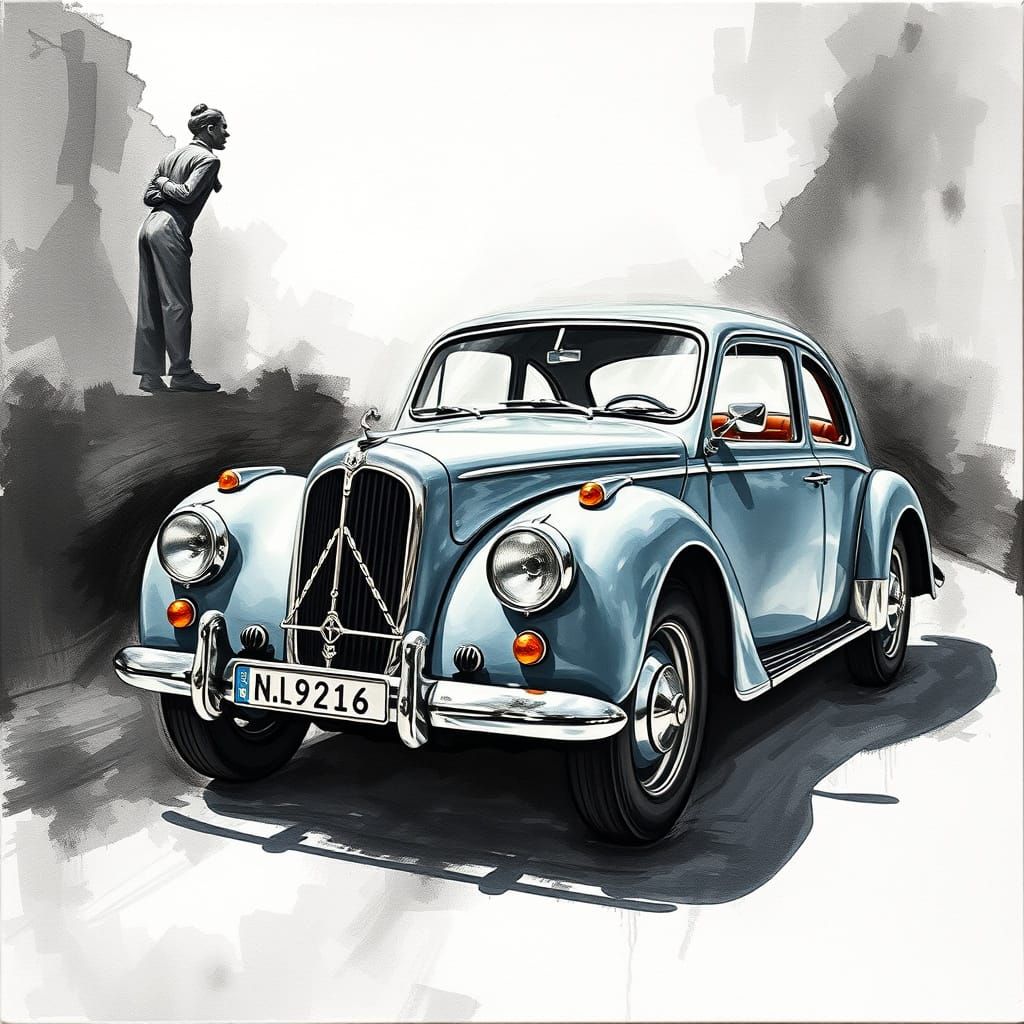 Hyperdetailed Car Charcoal Drawing in Gouache Style