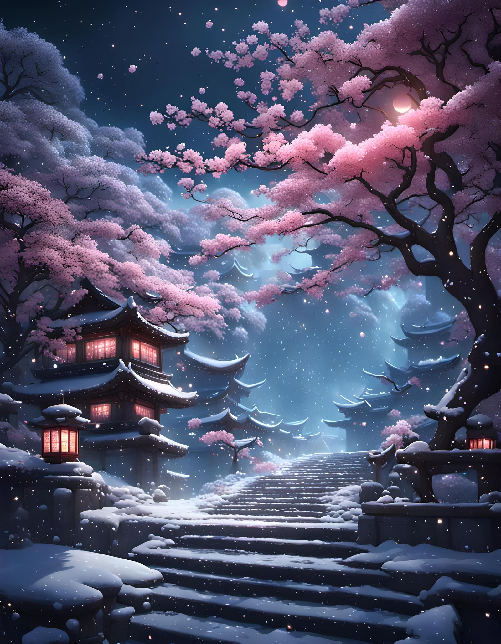 Sakura Snowfall in Abstract Landscape Style